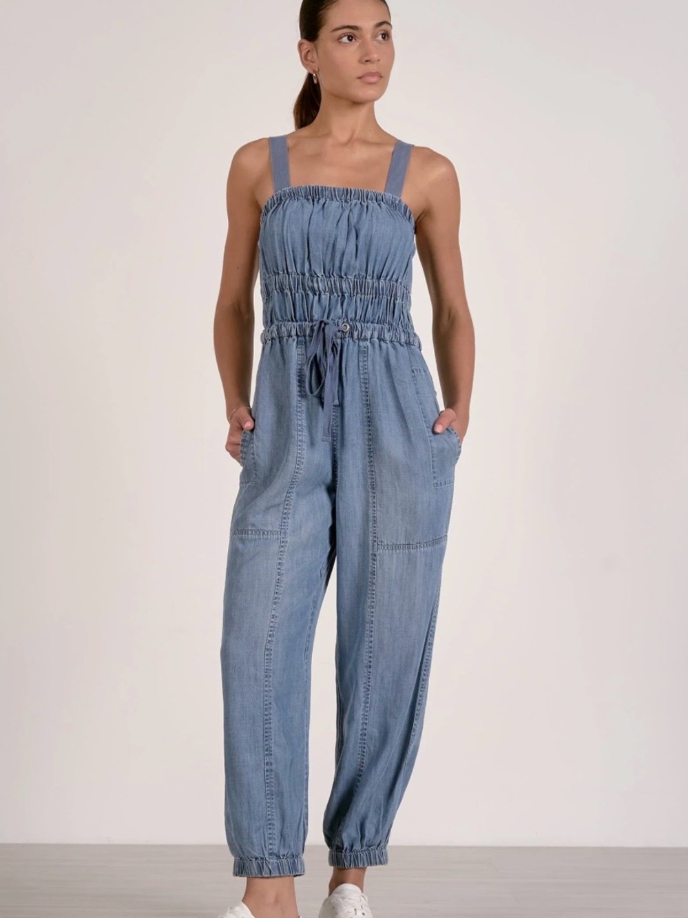 Chambray Denim Jumpsuit - Smocked Waist Jogger Style
